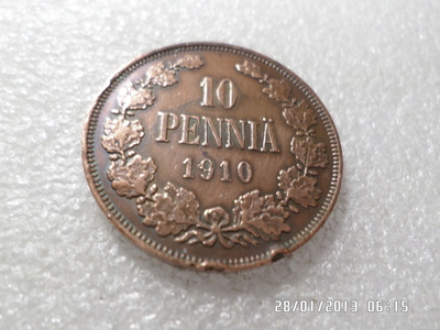 10  penniä  1910  kulkenut hieman patinoitunut ,