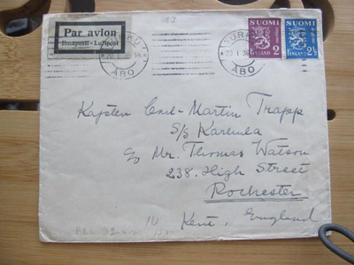 Ilmaposti kuori Turusta 1936 Englantiin malli 30 merkein
