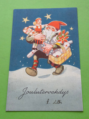 1948 Tontulla Joululahjoja Martta Wendelinin kuvittama kort.
