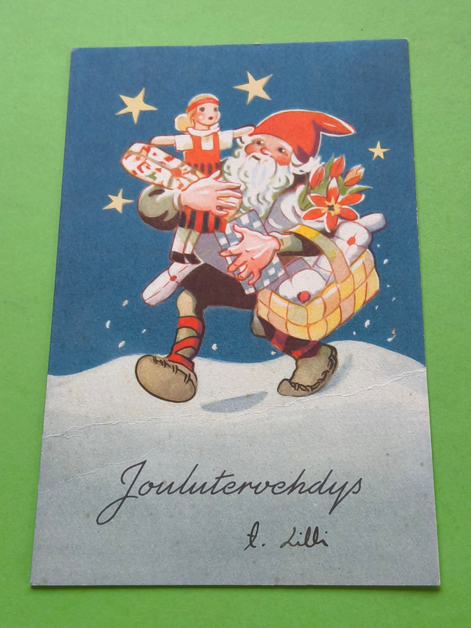 1948 Tontulla Joululahjoja Martta Wendelinin kuvittama kort.