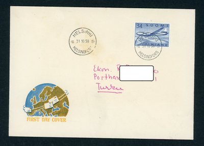 FDC 1958 Yleismerkki Convair Metropolitan 34 mk + tuloleima