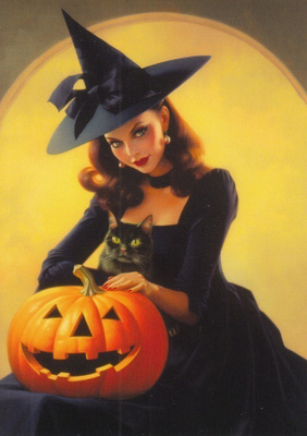 Halloween kaunis noita kissansa kanssa
