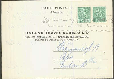 M54 1954 10 (mk) pari vastauskortilla Ruotsista