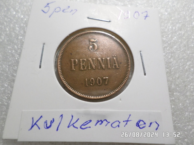 5  penniä 1907  kulkematon,  rahakehyksessä