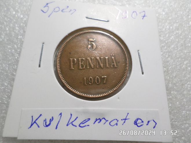 5  penniä 1907  kulkematon,  rahakehyksessä