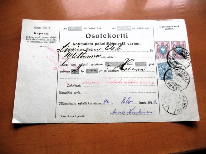 1916 Rajamäki Hyvinge Fabriks  sens pakettikortti Ylitemmes
