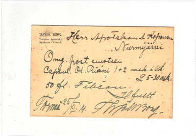 FIRMAKORTTI TORNIO APTEEKKI JOH.BORG+SOTA SENSUURI TARK.L