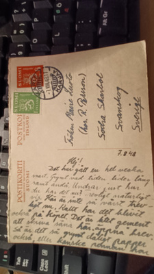 Postikortti 1948 lisä maksulla Karjaan leimalla Ruotsiin