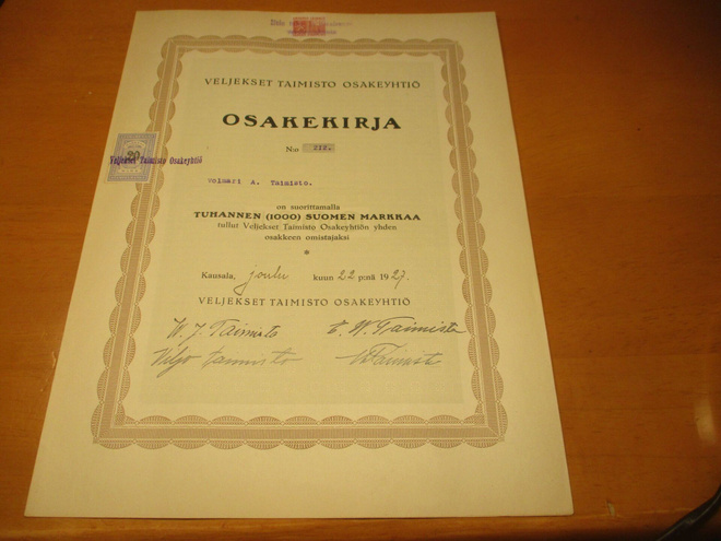 1927 Veljekset Taimisto Osakeyhtiö 208-212 5kpl Kausala