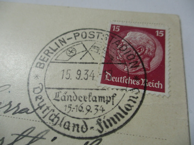 1934 Saksa-Suomi maaotteluleima kortti Orivedelle
