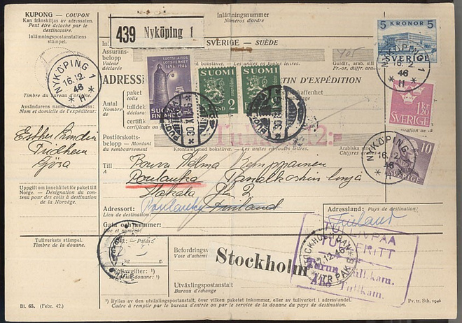 1946 luotsilaitos ym ruotsalaisen paketin tullaus