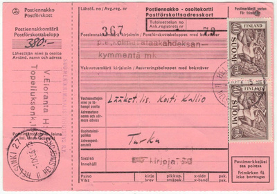M30 1952 40 mk puunkaataja pari postiennakkopaketti