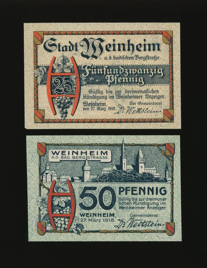 Saksa Notgeld 25, 50 Pfg, Weinheim 1918