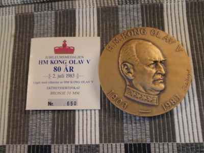 H.M. Kong Olav V 1903-1983 80 ÅR mitali /Raudberget ,1983.