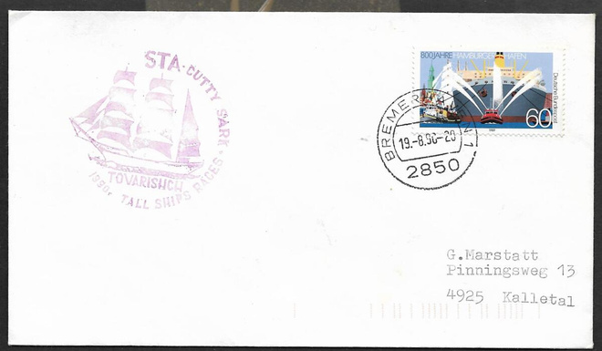 Postilähetys - BRD - Bremerhaven 1990 + laival. Cutty Sark