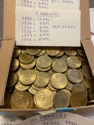 10 penniä 1963-82 941kpl 1mk 1993-98 57kpl 50p 86-90 48kpl