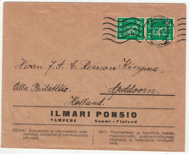 M30 1930 20p vihreä pari painotuote Hollantiin