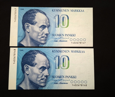 10 Markkaa 1986 Kunto Unc Peräkkäiset!