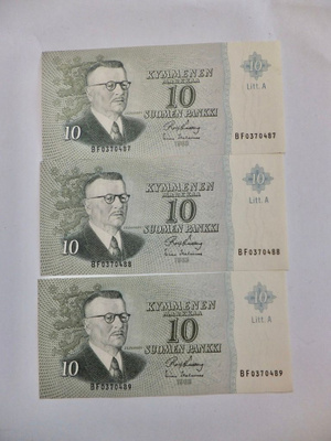 3 x 10 mk 1963 Litt A BF-sarja Pakkasileät Numerot Peräkkäin