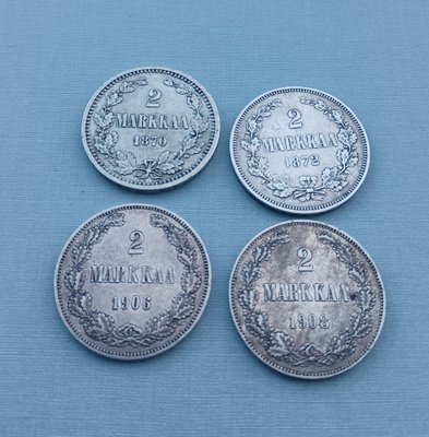 2 markkaa 1870 1872 1906 1908