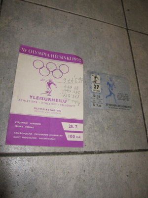 XV Olympia Helsinki 1952 :Yleisurheilu :päiväohjelma + lippu
