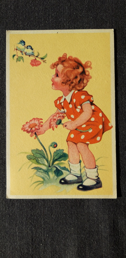 Vanha kortti, pikkuneiti ja kukat, v. 1941