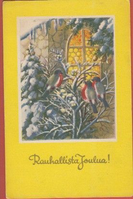 E Kojine Linnut oksalla , kirkonikkuna taustalla