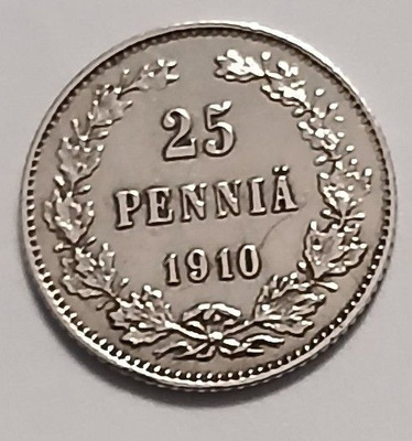 Nikolai II, hopea 25 penniä vuodelta 1910.