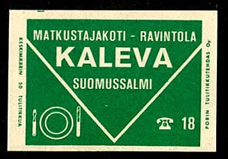 Matkustajakoti Ravintola, KALEVA, Suommus. Porin Tulitikkut.