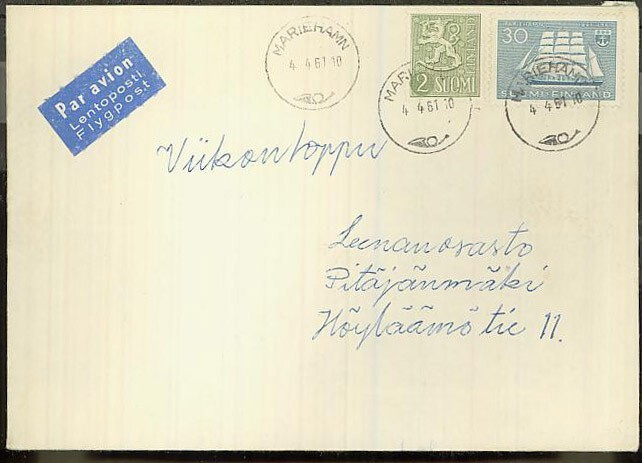 M54 1954 2(mk) lentolisä kirje Maarianhaminasta Hkiin 1961