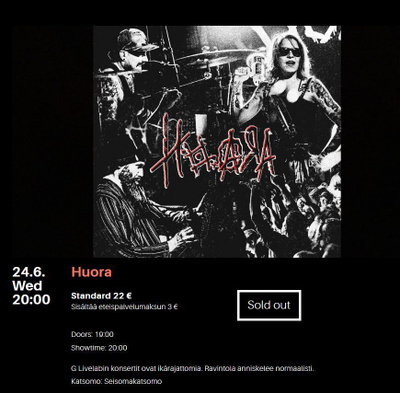 Lippu: Huora 24.6.2026 G Livelab Tampere