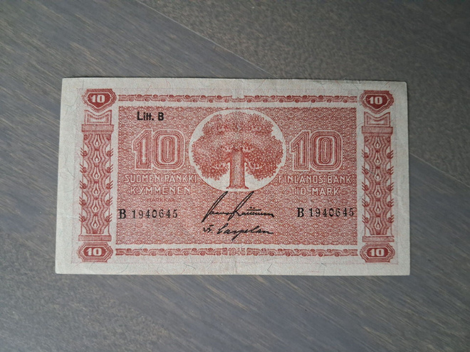 10 markkaa, mk 1945 Litt. B B1940645 kl. 8
