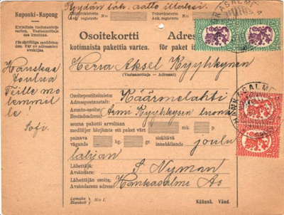 POSTILÄHETYS OSOITEKORTTI HANKASALMI-KÄÄRMELAHTI