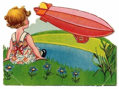 WANHA / Tyttö katselee ilmassa leijuvaa zeppeliniä. 1930-l.