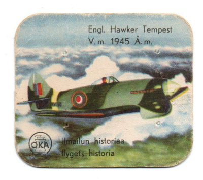 Kahvilappu OKA Engl. Hawker Tempest V.m. 1945 Å.m.