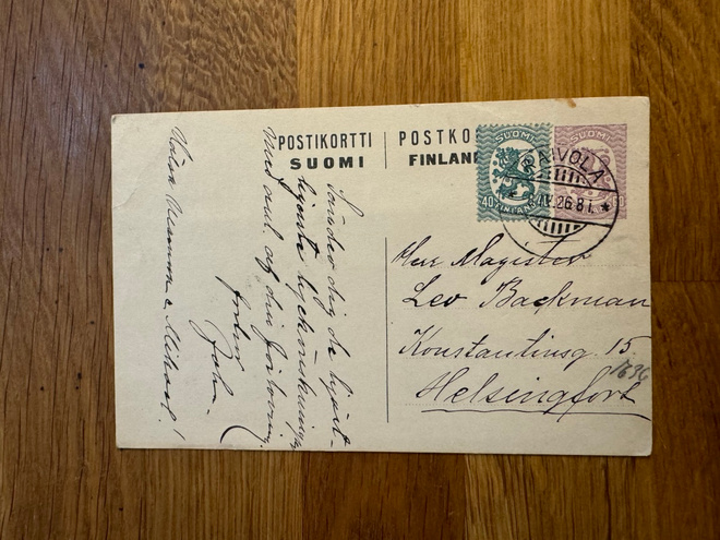 Ehiökortti Paavola - Helsinki 1926