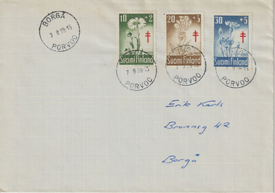 1959 Tuberkuloosi-sarjan merkit FDC-kirjeessä Porvooseen