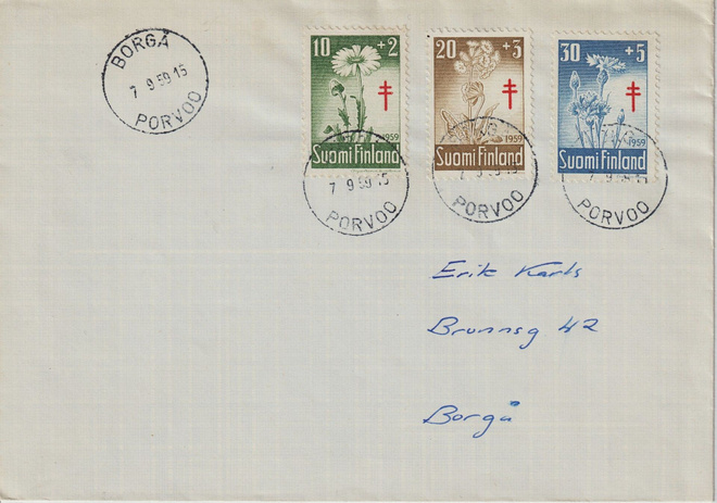 1959 Tuberkuloosi-sarjan merkit FDC-kirjeessä Porvooseen