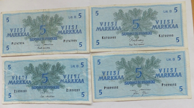 4 Seteliä 5 mk 1963 Litt B Sarjat P K Z