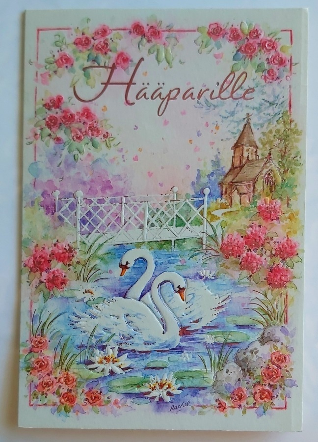 HÄÄPARILLE 2-os. kortti "Joutsenet lammella..silta..ruusuja"