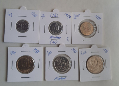1988, 5p(Al), 10p, 20p, 50p, 1mk ja 5mk
