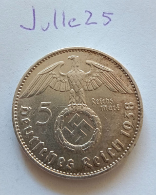 5 Reichsmark 1938 J natsisaksa hopeaa