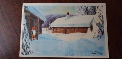 Anders Olsson joulukortti, luminen maisema, joulumerkki 1947