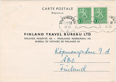 M54 1954  10 (mk) pari postikorttivastaus Ruotsista 1962