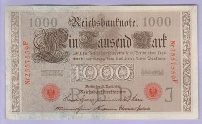 Saksa 1000 Mark Reichsbanknote v.1910 P-44b