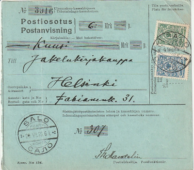 1916 Postiosotus 5p ja 25p merkeillä Salo>HKI