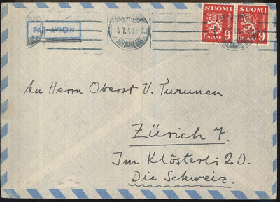 M30 1948 9 mk pari lentokirje Sveitsiin 1948