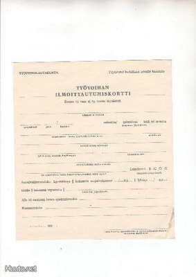 Työvoiman ilmoittautumiskortti sota-ajalta.