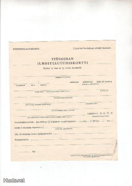 Työvoiman ilmoittautumiskortti sota-ajalta.