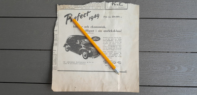 Ford Prefect Auto Lehtimainosleike 1949